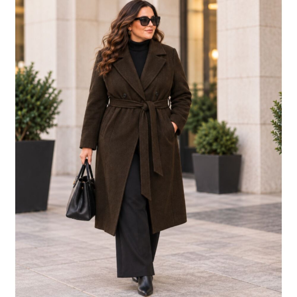 DKNY Women Long Chocolate Brown Dbl Breasted Belted Wool Coat Size XXXL Ret $450